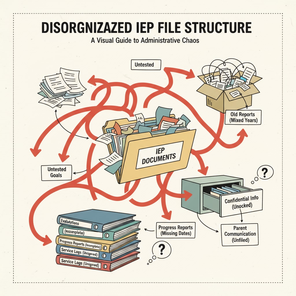 A visual representation of a messy and disorganized IEP file structure with arrows pointing to different sections in a haphazard way. An image showing a disorganized IEP file structure