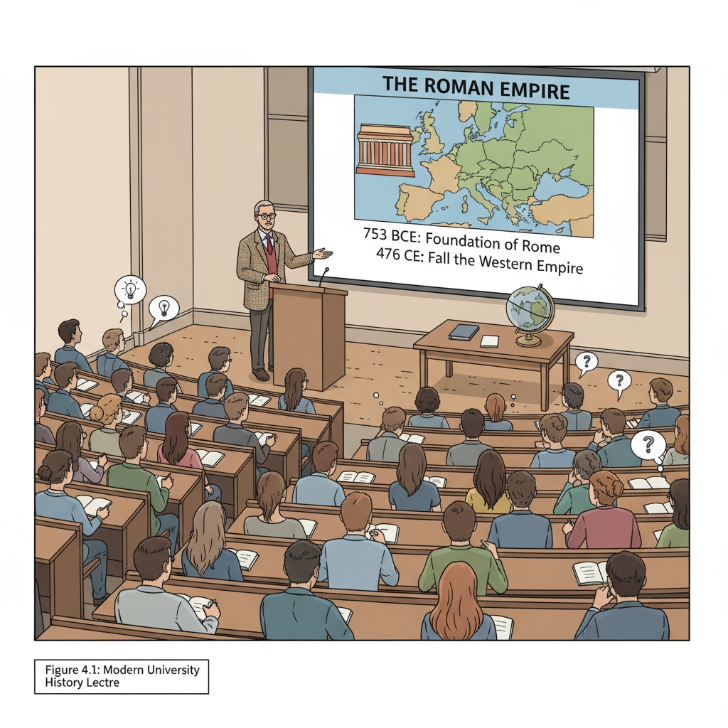 Students are attentively listening to a history professor delivering a lecture in a large university lecture hall. University students listening to a history lecture relevant to education careers and university applications for aspiring history teachers