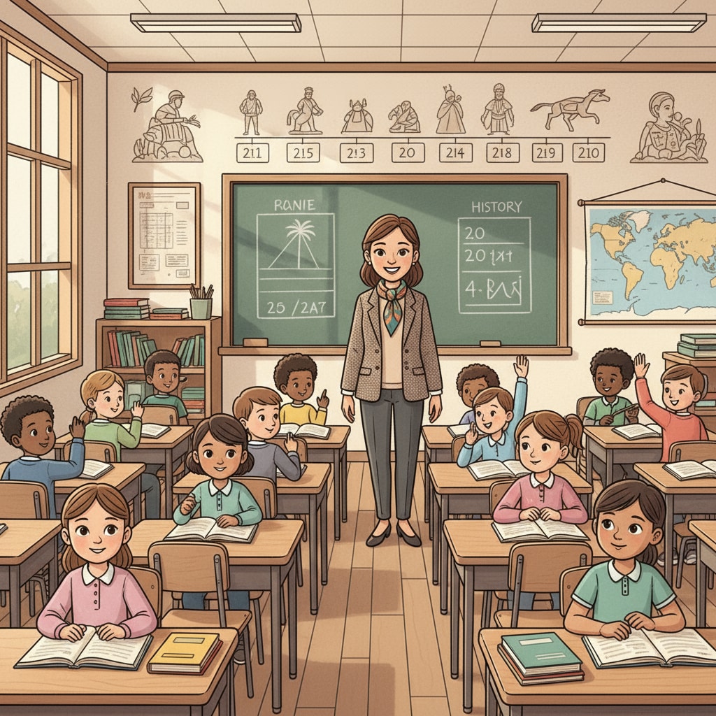 A history teacher is standing in front of a classroom with a big smile, while students are sitting at their desks. A history teacher in front of a classroom for education careers and university applications of future history teachers