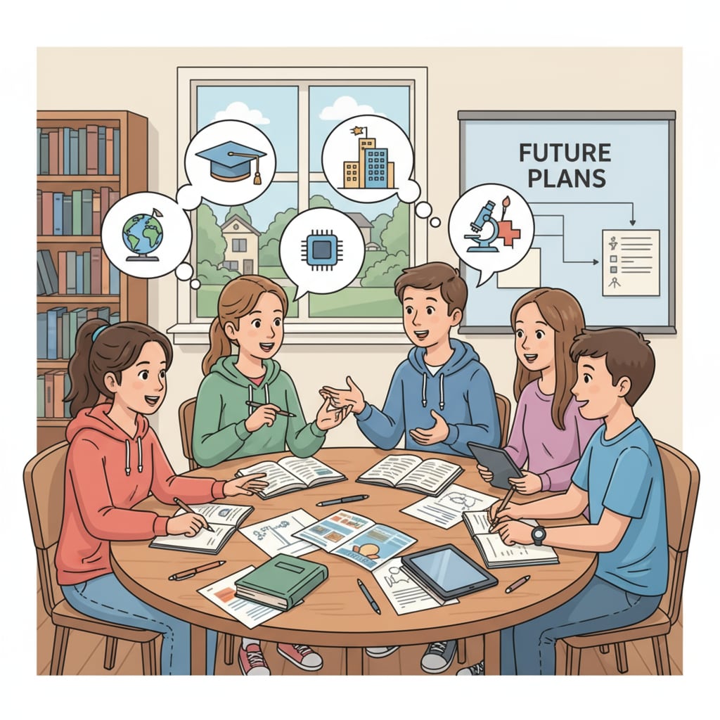 A group of high school students are sitting around a table in a study group, discussing their future plans, books and papers are scattered on the table. High school students discussing university planning, major selection, academic success, and career development in a study group