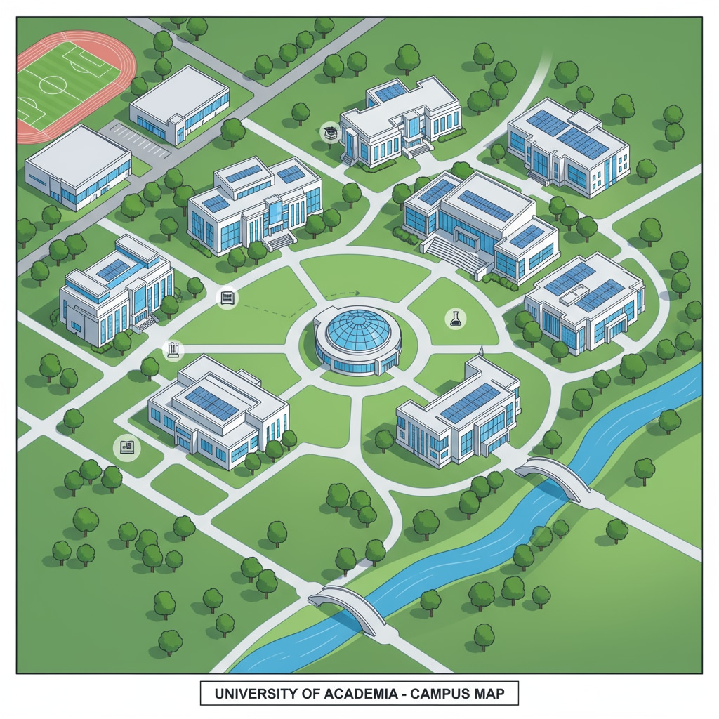 An aerial view of a beautiful college campus with green lawns, modern buildings, and students walking along the paths, chatting and carrying books. Aerial view of a college campus relevant to university planning, major selection, academic success, and career development