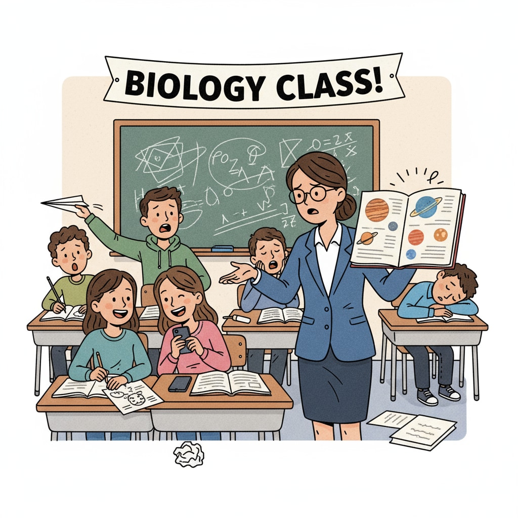 A classroom scene where a teacher is trying to manage disruptions while students look distracted A scene showing the impact of class disruptions on student engagement in the education system's regular classes