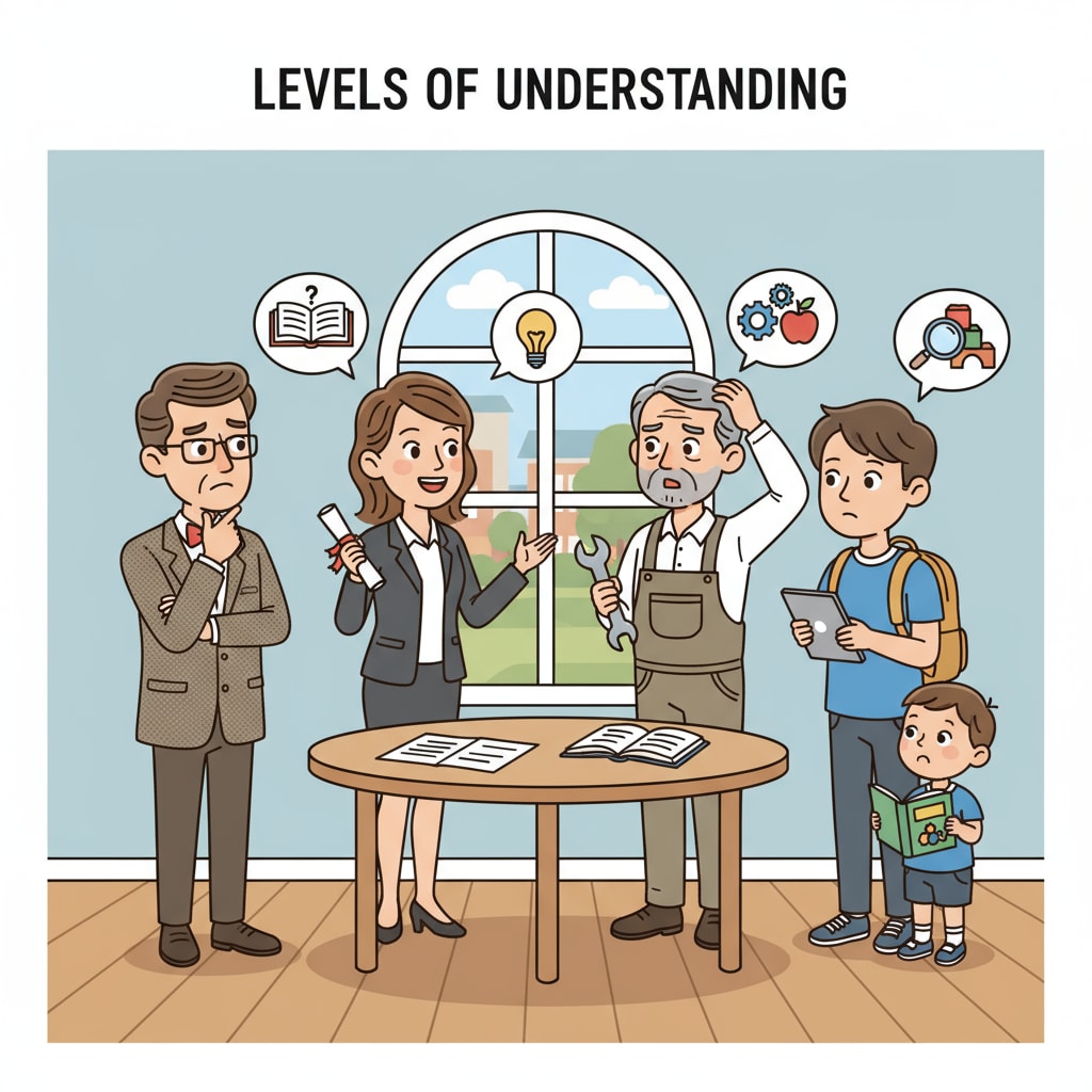 A group of characters in a simple room, engaged in a conversation, with different expressions showing their diverse educational levels. Characters with different educational backgrounds in a simple setting