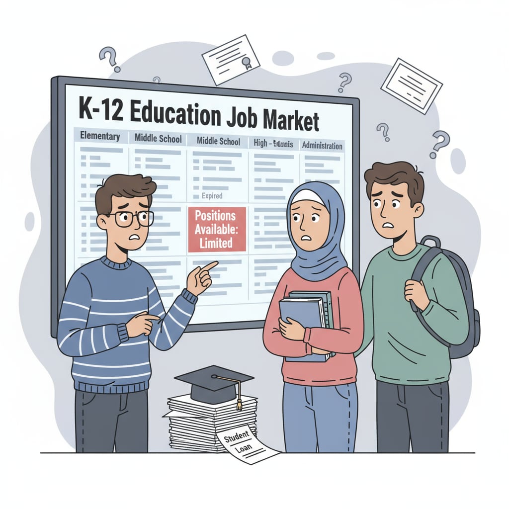 A group of students looking worriedly at job listings related to K12 education, reflecting the anxiety caused by employment uncertainties. Students facing employment dilemmas in K12 education while considering their dream careers.