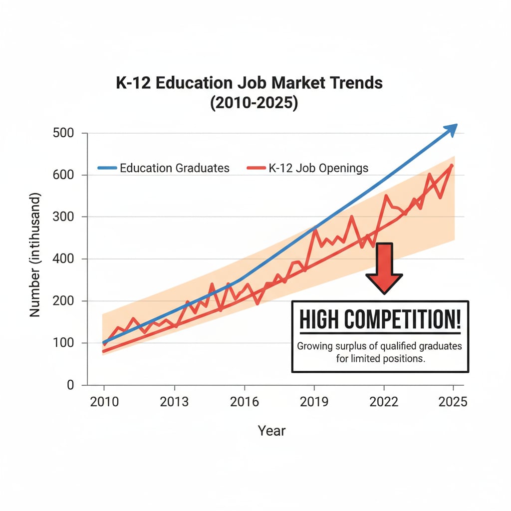 A graph showing the increasing number of education graduates and relatively stable job openings in K12 education, highlighting the competitive job market. Graph depicting the competition in K12 education job market related to career planning.