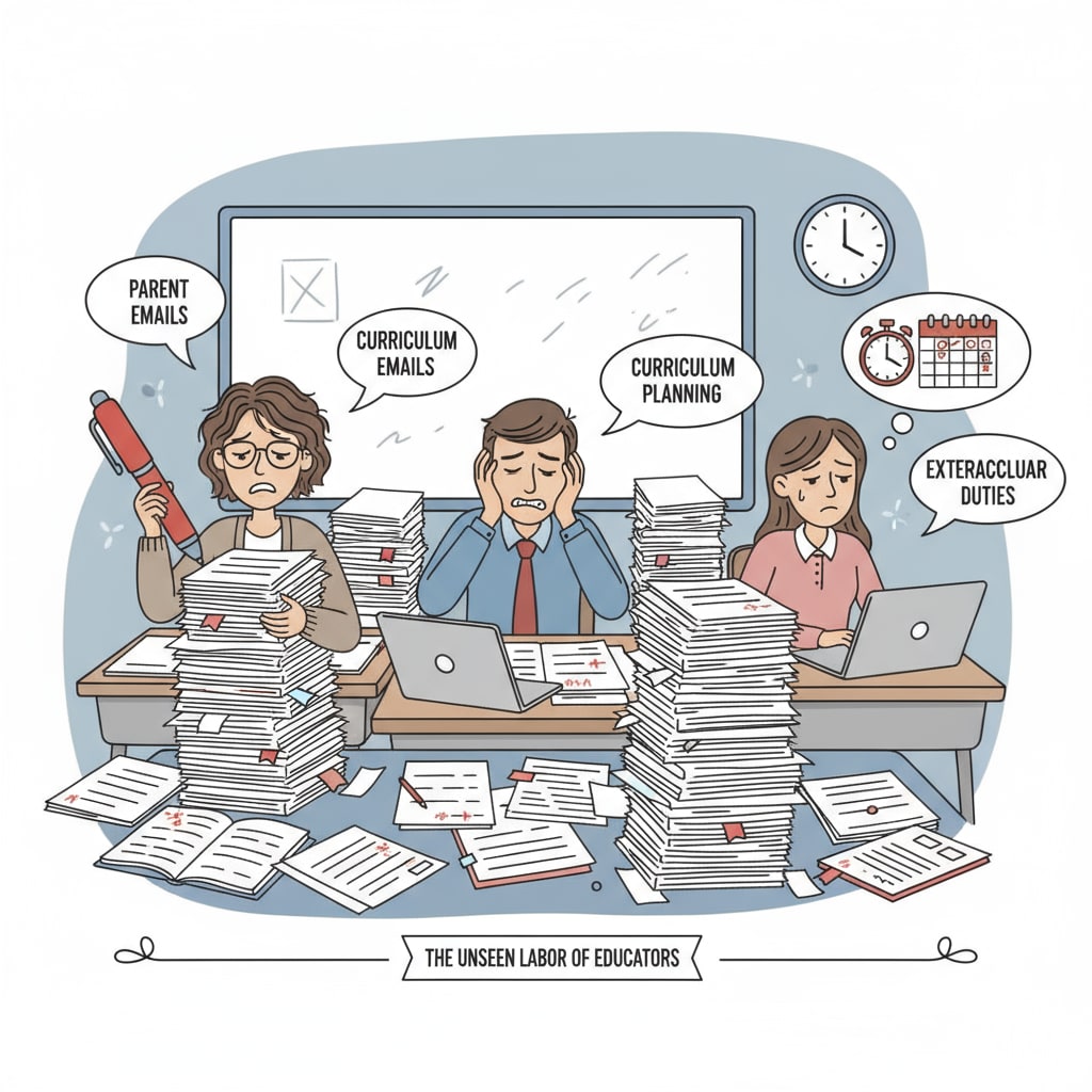 A group of K12 educators looking stressed while grading papers, representing the burden of extra work. K12 educators facing the burden of extra work assignments and its impact on career development