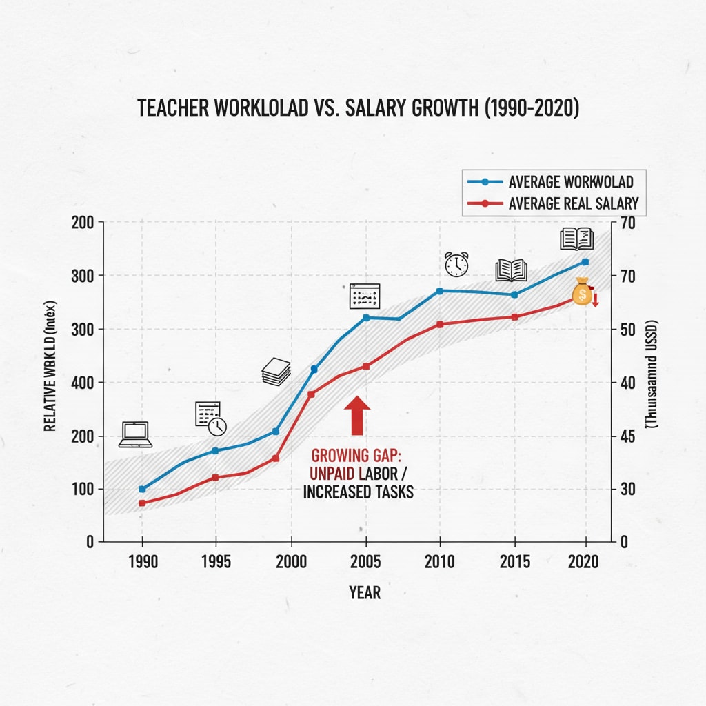 A graph showing the gap between teachers' workload and salary over the years, highlighting the lack of salary growth despite increased tasks. Graph depicting the relationship between K12 educators' workload, salary, and its implications for career development
