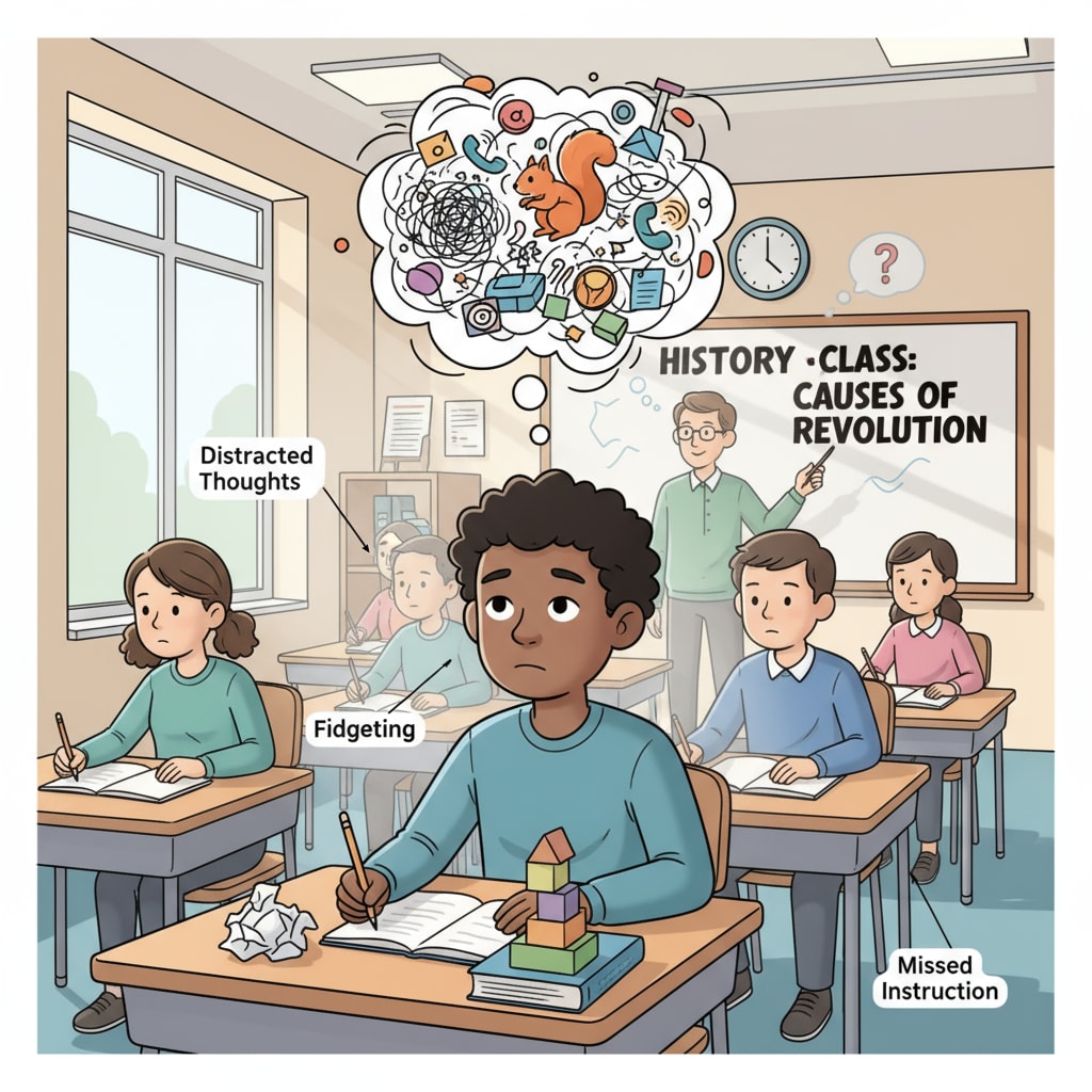 An illustration depicting a person with ADHD having a hard time concentrating in a classroom environment. ADHD adult struggling in a classroom related to basic education and online learning resources