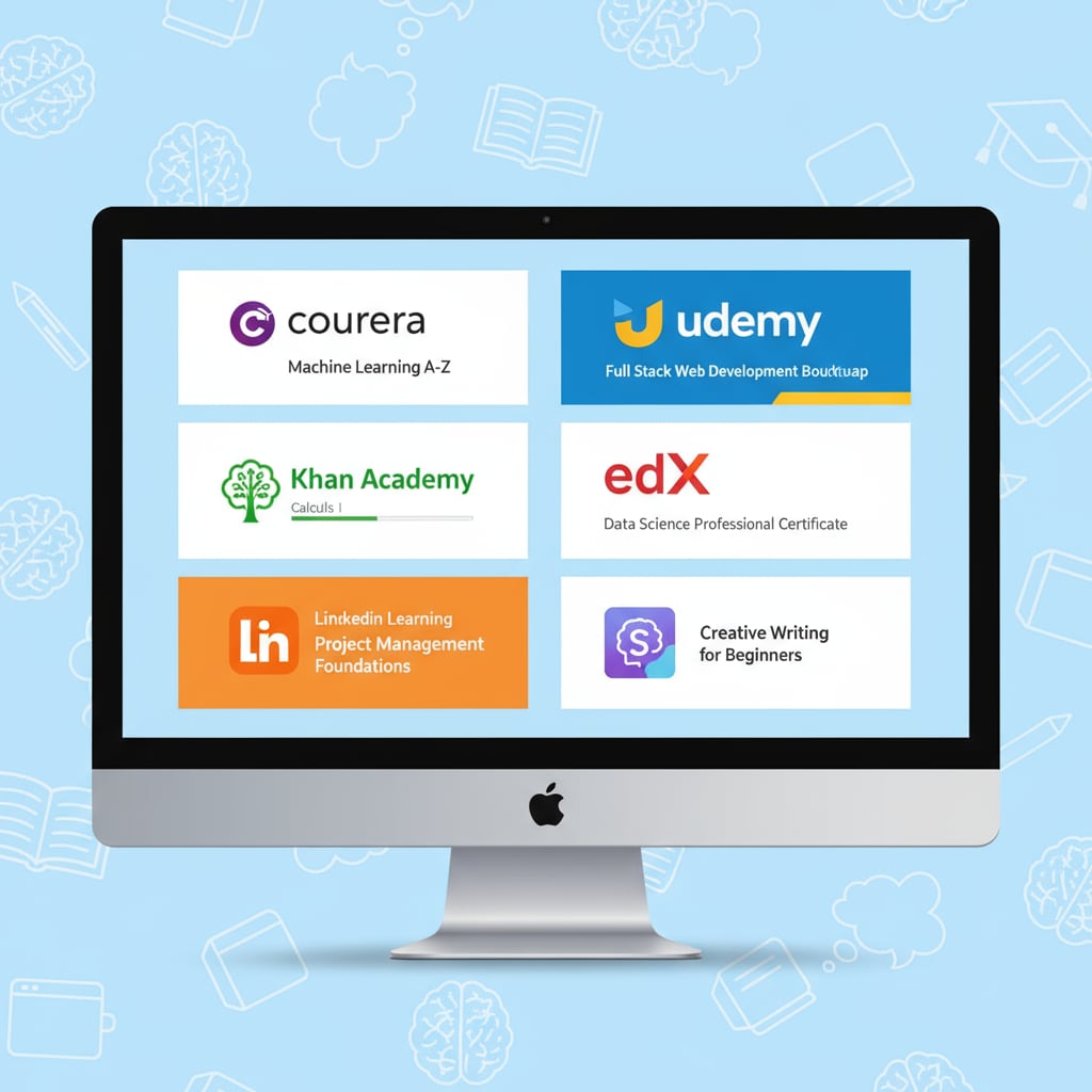 A visual showing a computer screen with popular online learning platforms visible. Computer screen with online learning platforms for ADHD adults filling basic education gaps