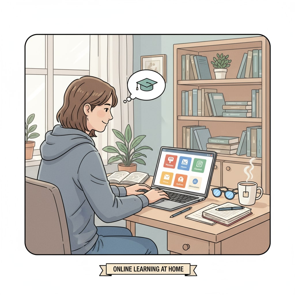 A student is sitting at a desk, using a laptop to study online courses at home. A student studying online high school courses at home