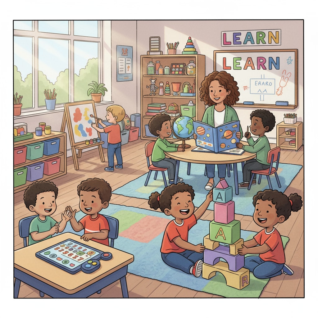 A group of kindergarten children are actively involved in various learning activities, such as playing educational games and exploring new concepts. This represents the lively atmosphere in early childhood education. Kindergarten children engaged in learning activities related to early childhood education and gifted programs