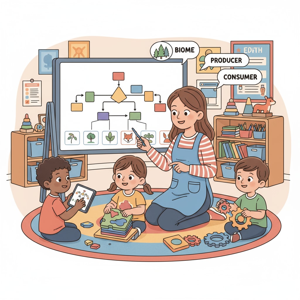 A teacher is patiently guiding a small group of kindergarteners in a gifted program. The teacher is using interactive teaching methods to help the children understand complex concepts. A teacher guiding kindergarteners in a gifted program, highlighting individualized education in early childhood