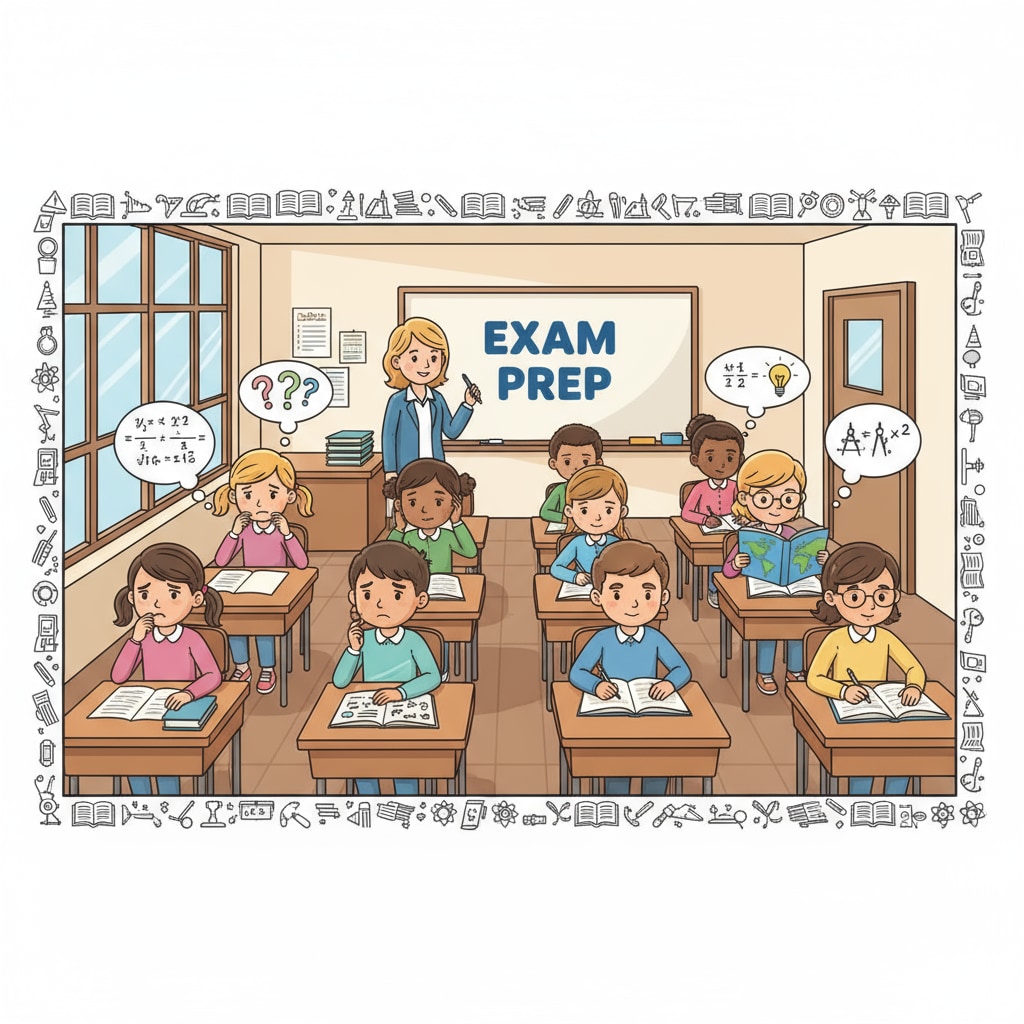 A group of K12 students sitting at desks, some looking worried while others are studying. K12 students experiencing intellectual self-doubt during study