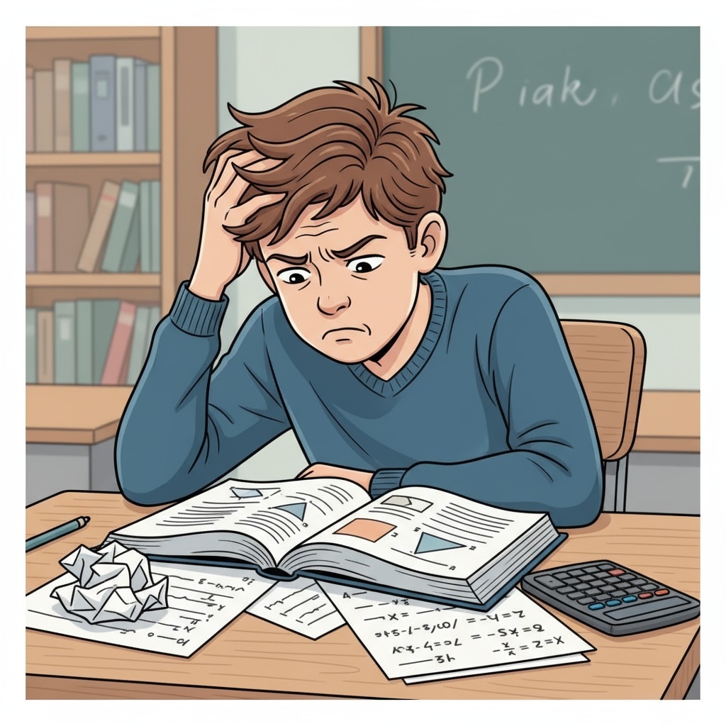A single student sitting at a desk, looking frustrated with a math book open in front of them. A K12 student showing signs of intellectual self-doubt due to math difficulties