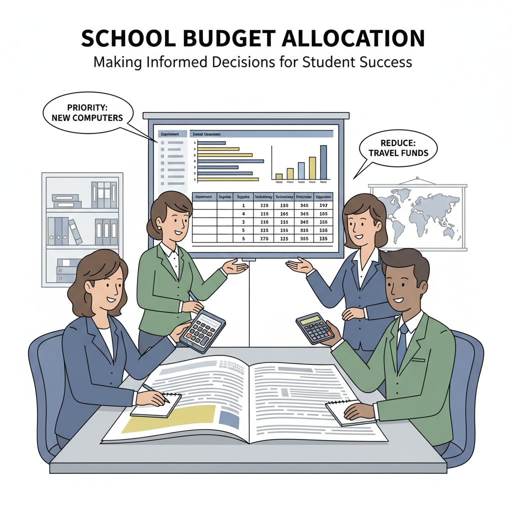 School administrators analyzing a budget spreadsheet to make decisions about resource allocation. School administrators making leadership decisions regarding resource allocation, an ethical dilemma.