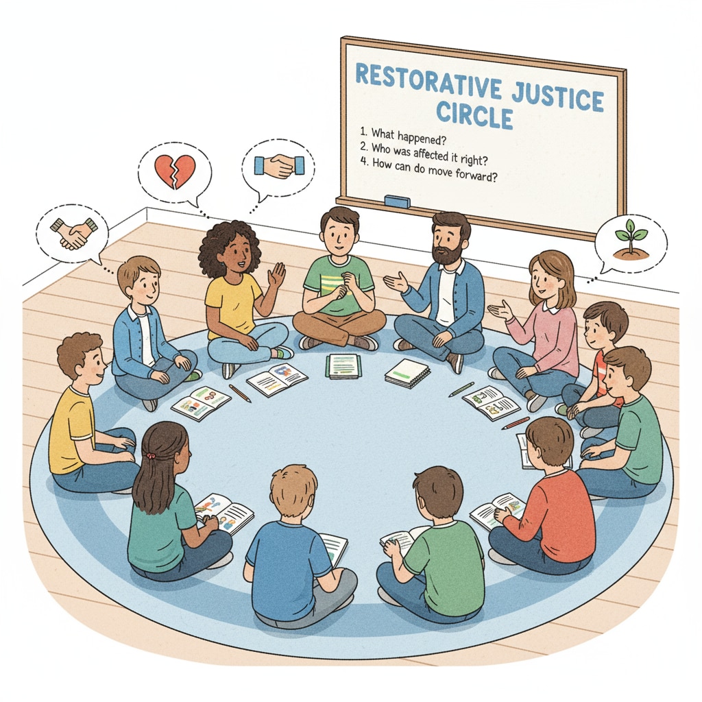 Students and teachers discussing restorative justice as part of educational resources and school implementation
