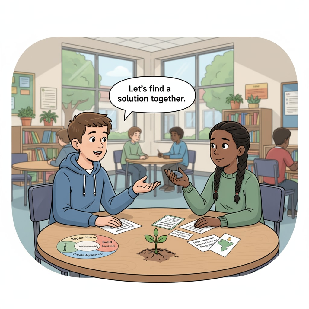Students resolving conflict through restorative justice in the context of educational resources and school implementation