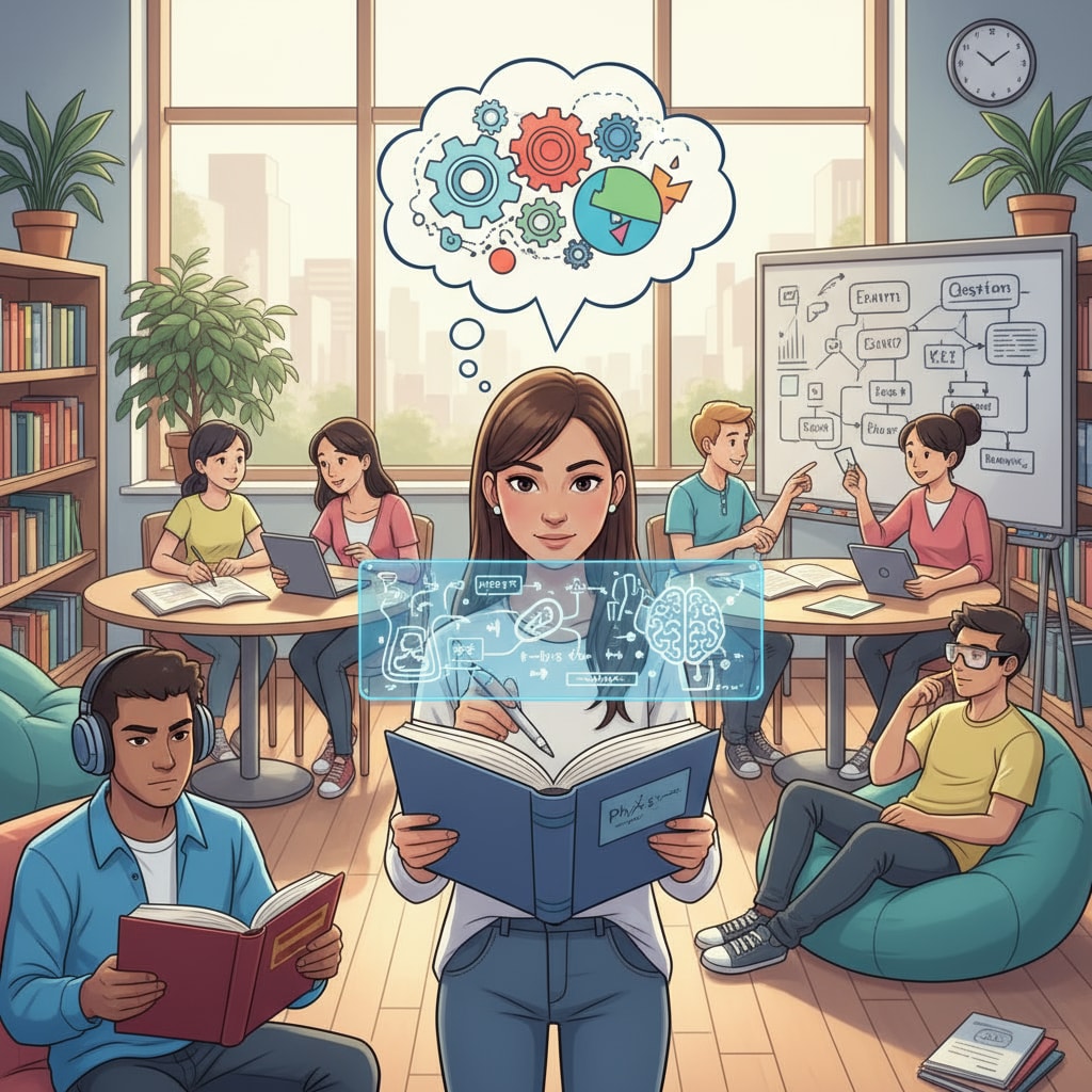 A group of students with different learning styles studying theoretical concepts. Some are looking at textbooks, while others are discussing exam questions. Students with different learning styles engaged in theoretical learning related to attention deficit learning methods