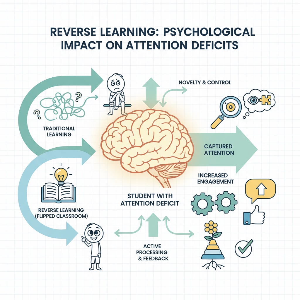 An illustration showing how the reverse learning process affects the psychological state of students with attention deficits, including how it captures their attention and leads to better understanding. Illustration of the psychological process of reverse learning for students with attention deficits