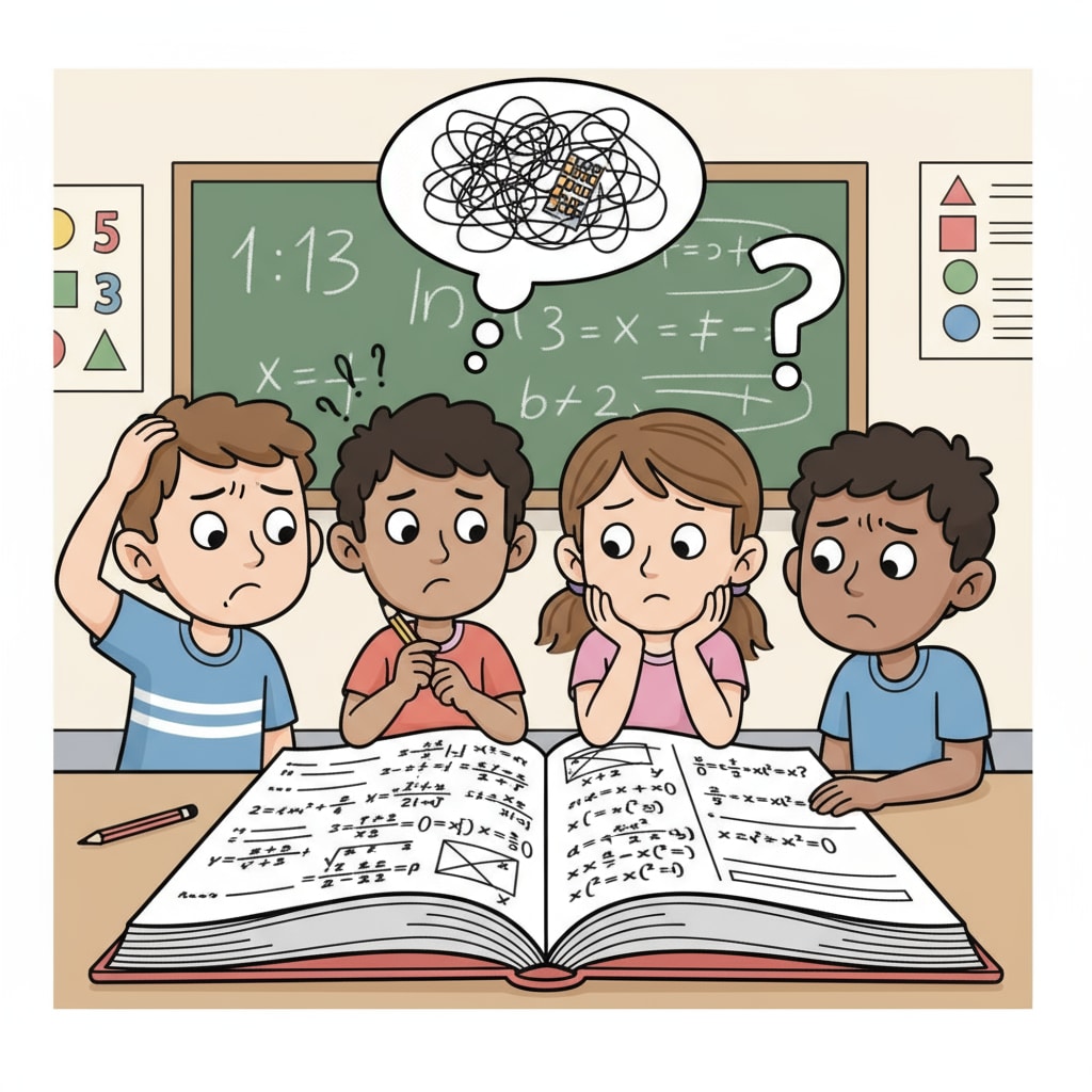 A group of 9-year-old children looking at math problems with confused expressions. This shows the common situation of kids facing math difficulties. 9-year-old children with math difficulties looking at math problems