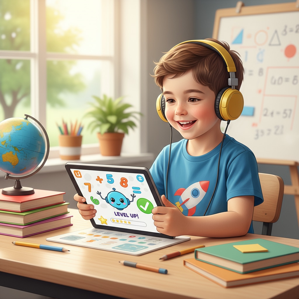 A child happily using a tablet to learn math with a math learning program. It represents the positive learning experience with a suitable math learning program. A child using a math learning program on a tablet