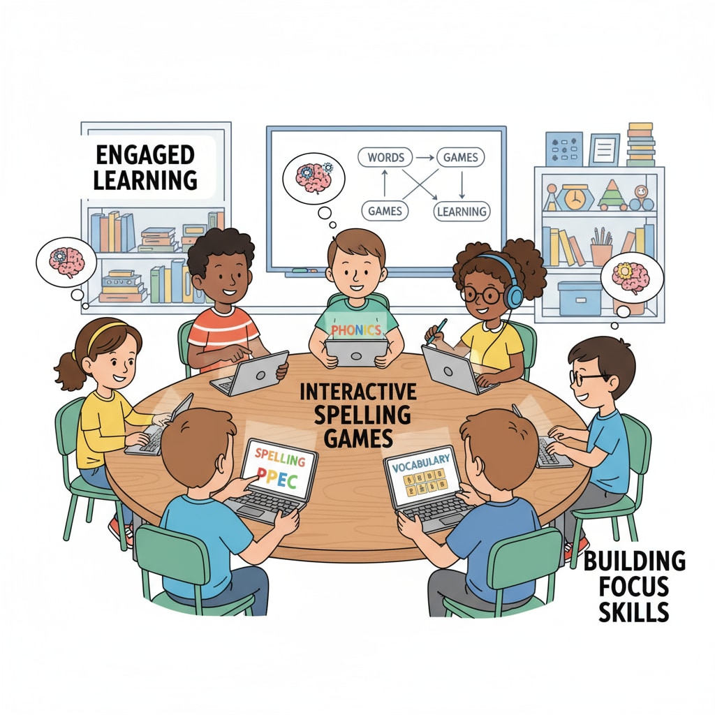 A group of children with ADHD are sitting around a table, using digital devices to learn spelling. They look engaged and focused. ADHD children using digital tools for spelling learning