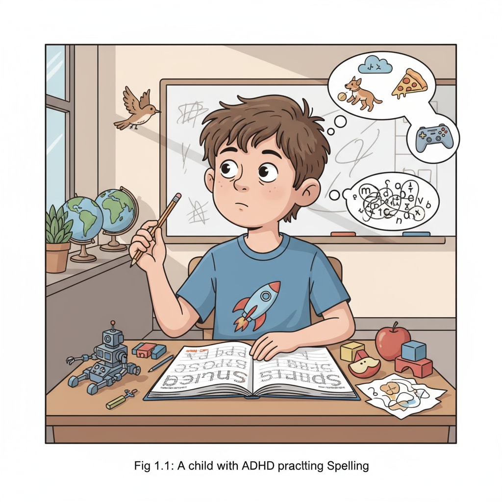 A single child with ADHD is sitting at a desk, looking distracted while trying to practice spelling from a workbook. A child with ADHD showing distraction during spelling practice