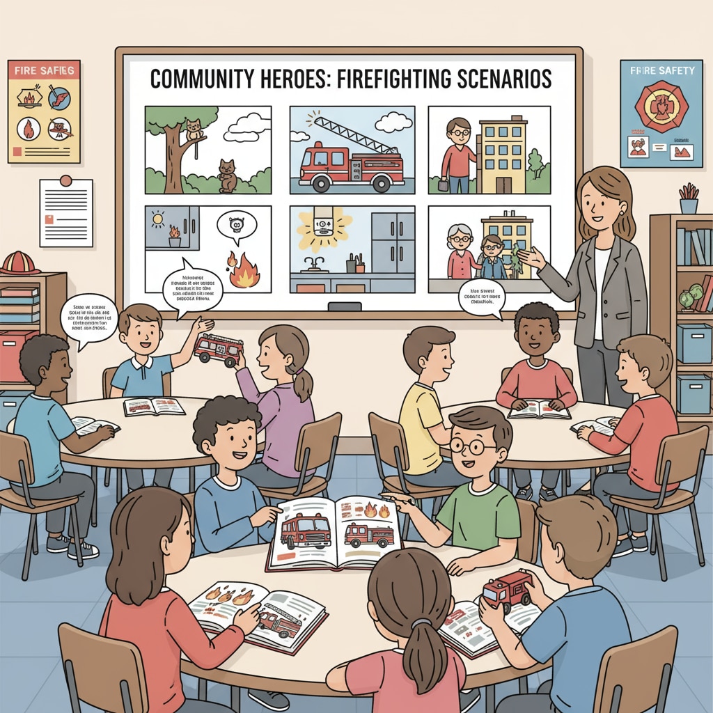 A K12 classroom where students are discussing scenarios relevant to firefighting. K12 students discussing firefighting scenarios for future career preparation