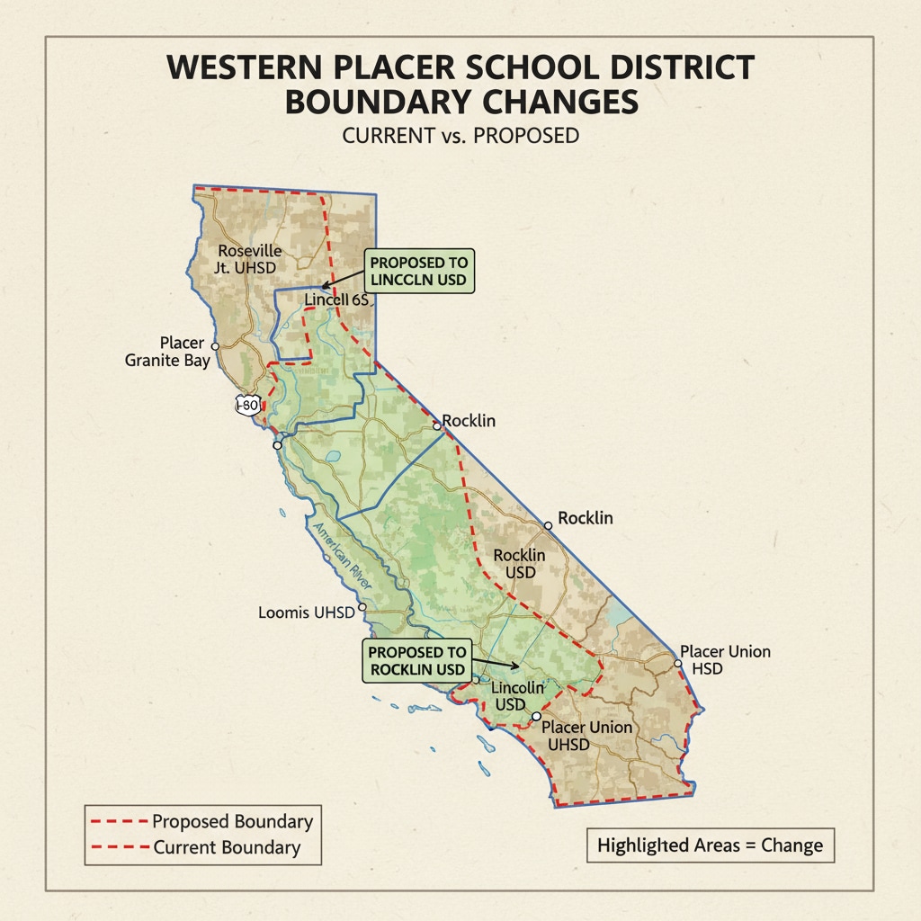 A visual representation of the current and proposed school district boundaries in Western Placer, highlighting the areas of change. School district boundary redrawing in Western Placer
