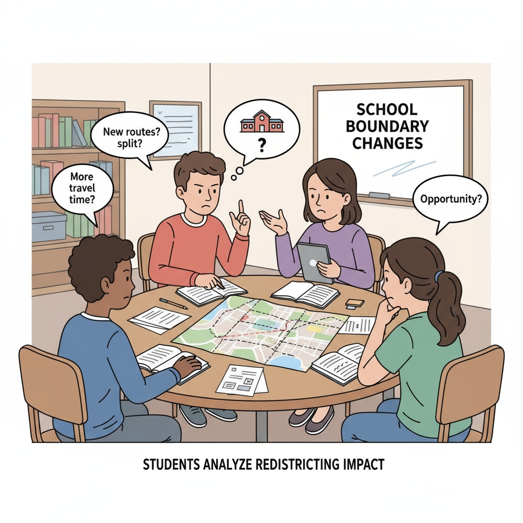A group of students sitting around a table, engaged in a discussion about how the boundary changes might affect their school lives. Students discussing the impact of school district boundary changes