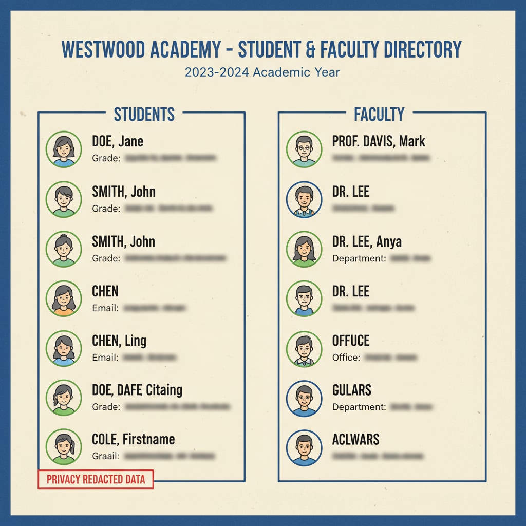 A school directory page with blurred personal information to represent privacy concerns School directory privacy concern illustration