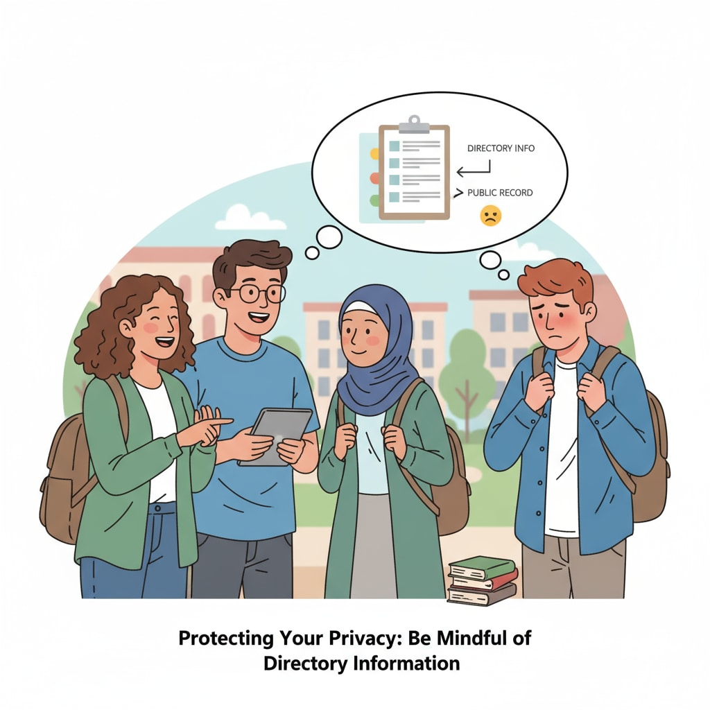 A group of students chatting, with one looking a bit uncomfortable, symbolizing the potential embarrassment from directory information Students and potential embarrassment from school directory information