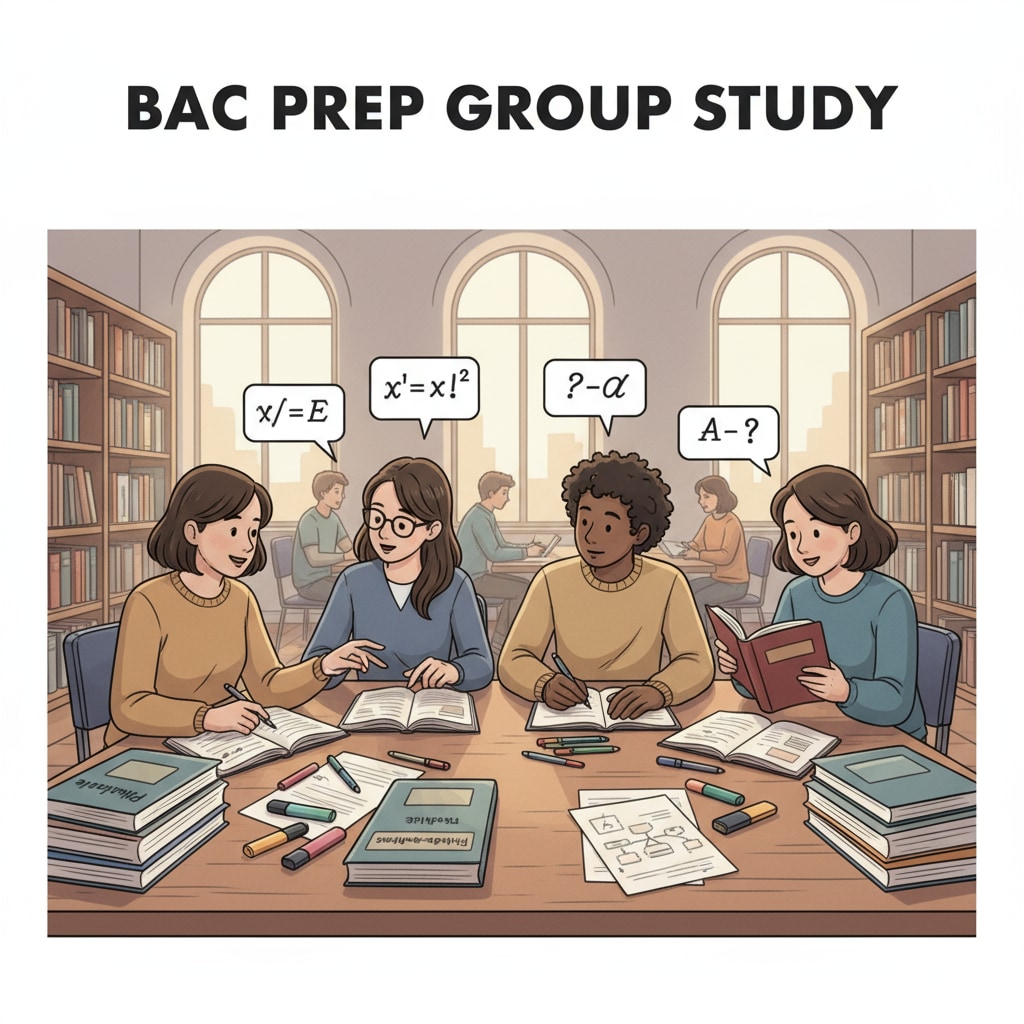 A group of students in a library, studying together with books related to Baccalauréat preparation. They are engaged in discussions and note - taking. High school students studying for Baccalauréat in a library, showing effective time management and preparation.