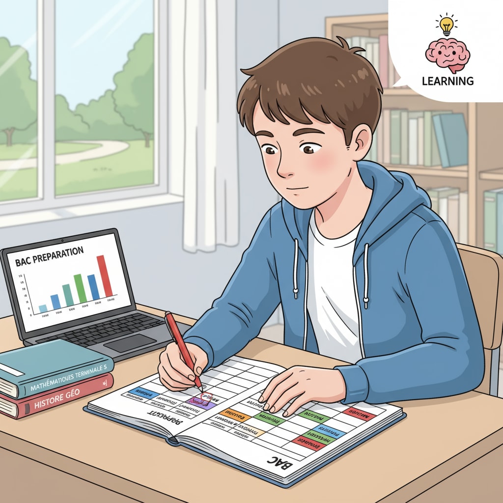 A student sitting at a desk, using a planner to mark study time for Baccalauréat preparation. The planner has different time slots allocated for various subjects. Student using a planner for Baccalauréat time management and preparation.