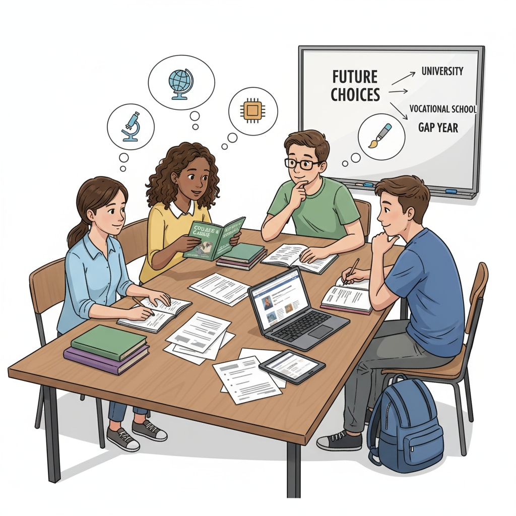 A group of students are engaged in a discussion about their high school education options, with books and papers spread out on the table. Students discussing high school diploma options including GED and traditional education