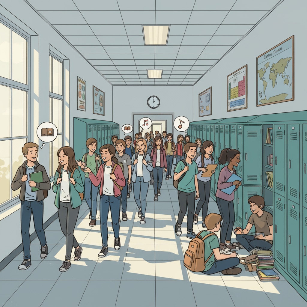 Students are walking through a busy hallway in a traditional public high school, chatting and laughing. Traditional public high school students in the hallway