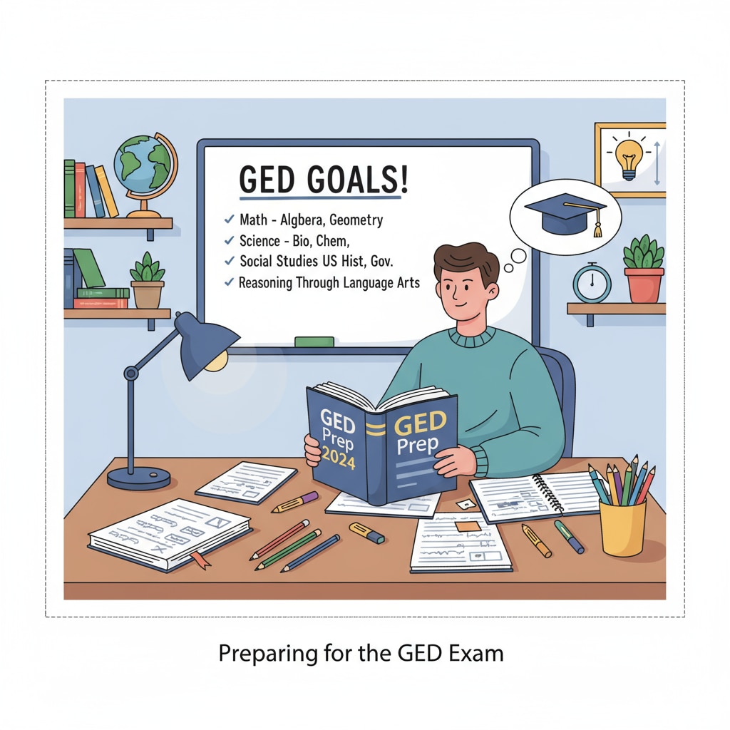 A student is sitting at a desk at home, surrounded by study materials, focused on preparing for the GED test. Student studying for GED test at home
