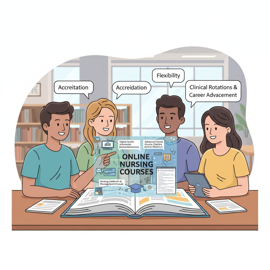 A group of students are engaged in a discussion about various online nursing courses available to them. High school students exploring online nursing degree programs without SAT/ACT requirements