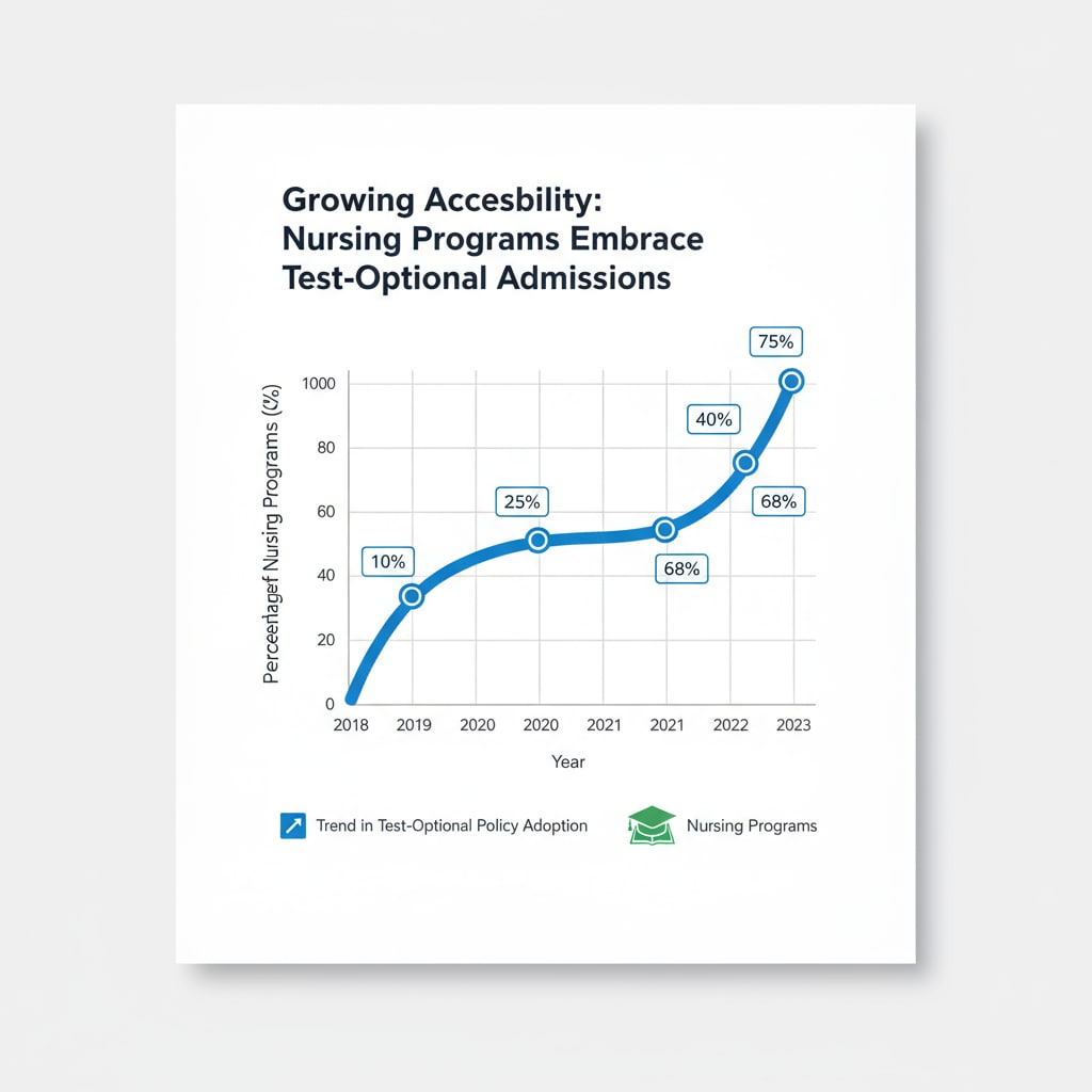 A graph depicting the upward trend in the number of nursing programs that have adopted a test-optional policy over the years. Graph showing growth of SAT/ACT-free nursing programs