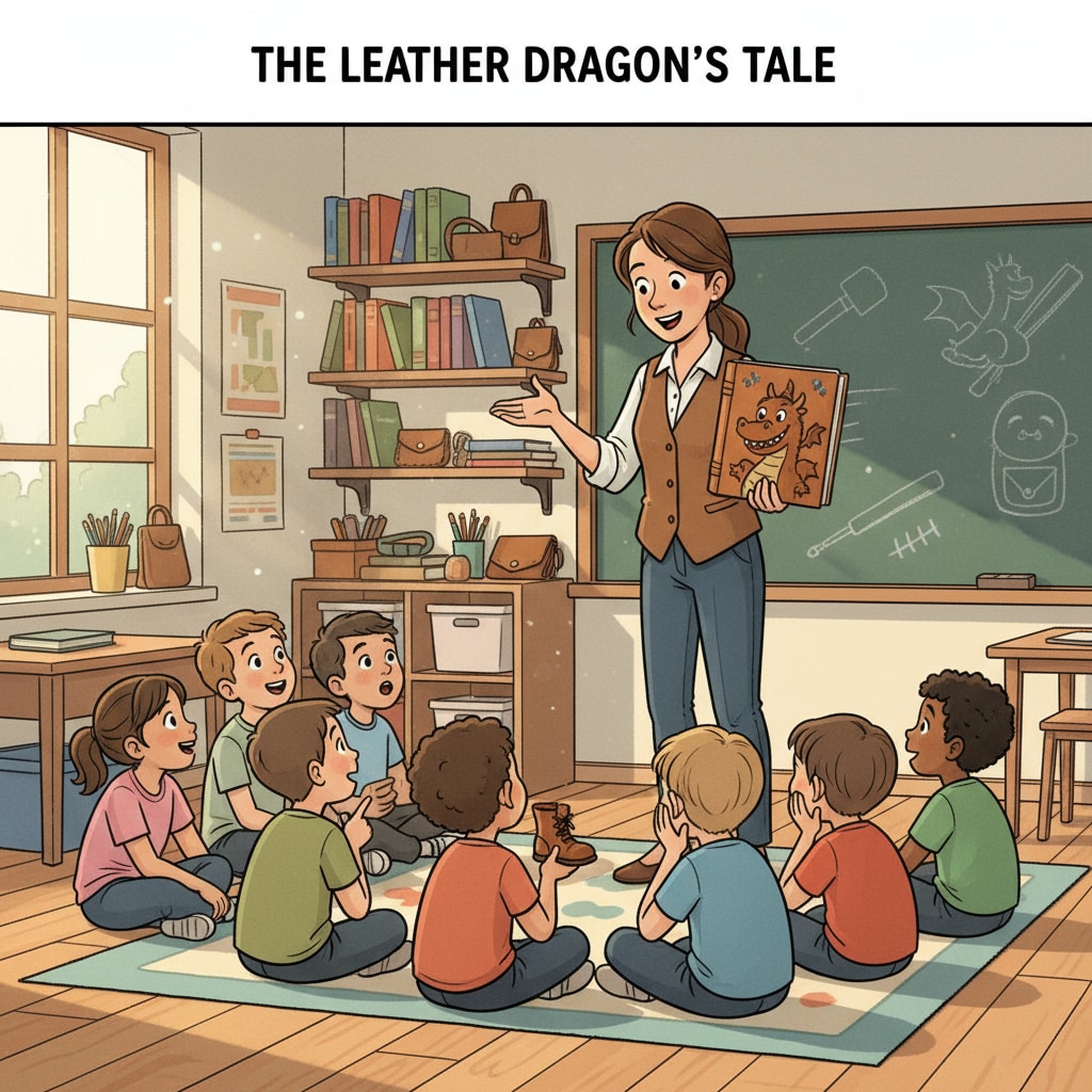 A classroom scene where children are listening attentively as a teacher tells a leather-related fairy tale. The kids have curious expressions on their faces, eager to learn more. Children learning leather knowledge through a fairy tale in a classroom