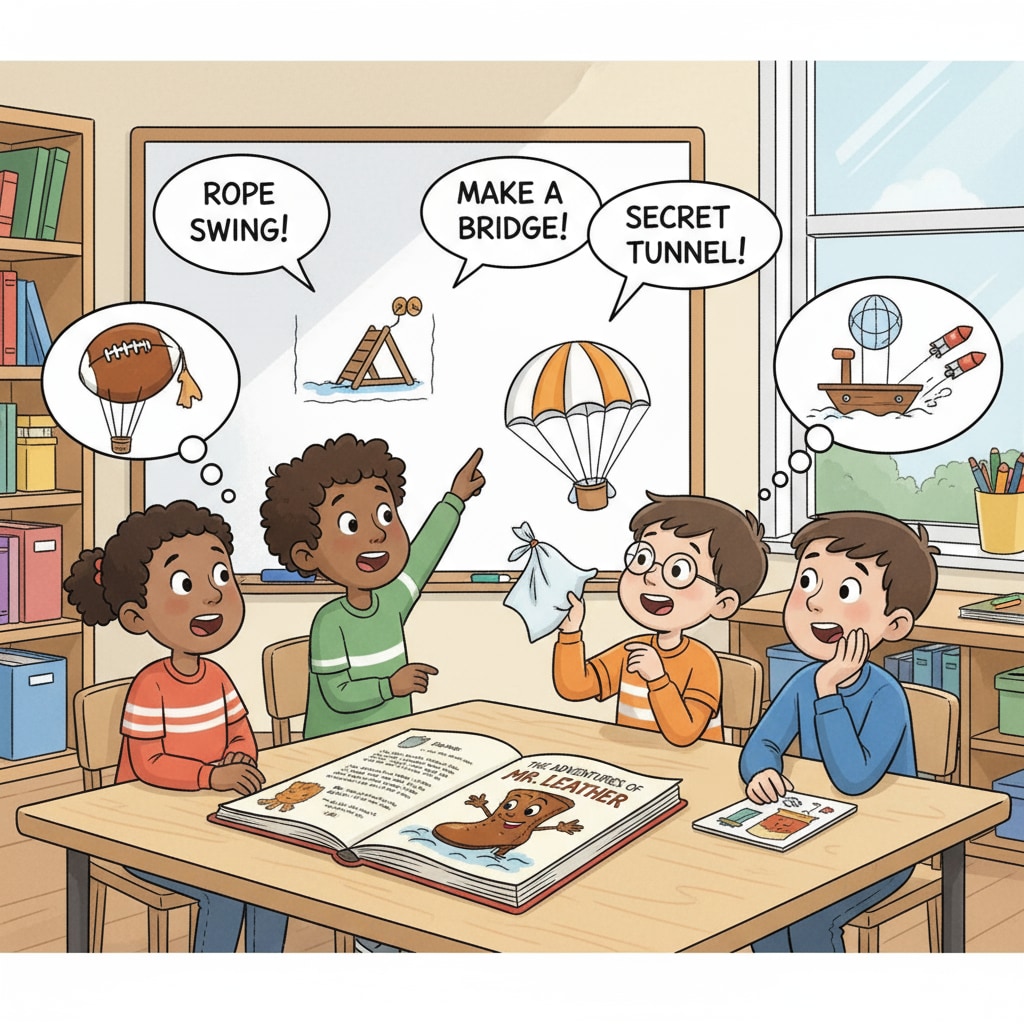 A group of children gathered around a table, having an animated discussion about how to save Mr. Leather in the fictional story. They are sharing their creative ideas. Children discussing ways to save Mr. Leather in a leather-themed fairy tale