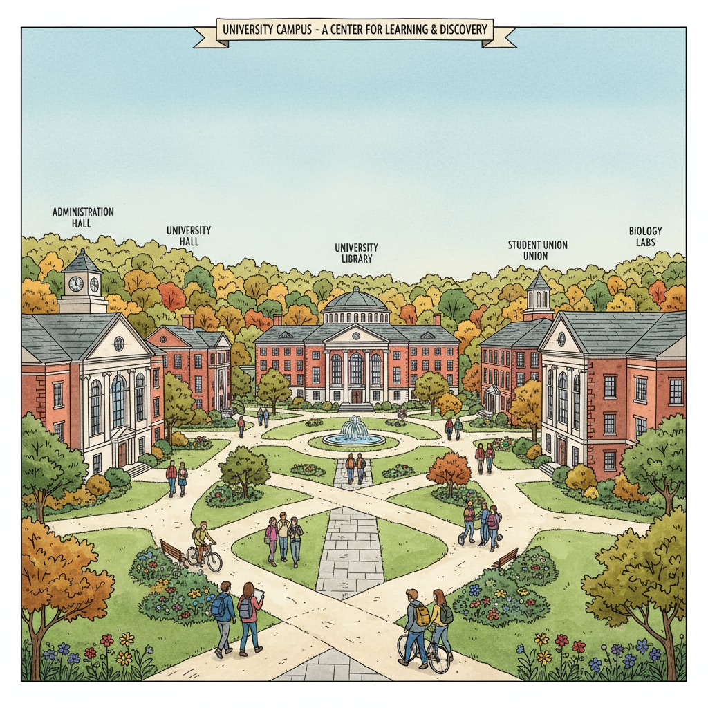 A panoramic view of a four-year university campus, with students walking on paths, buildings in the background, and greenery all around. Four-year university campus representing the destination for GED holders