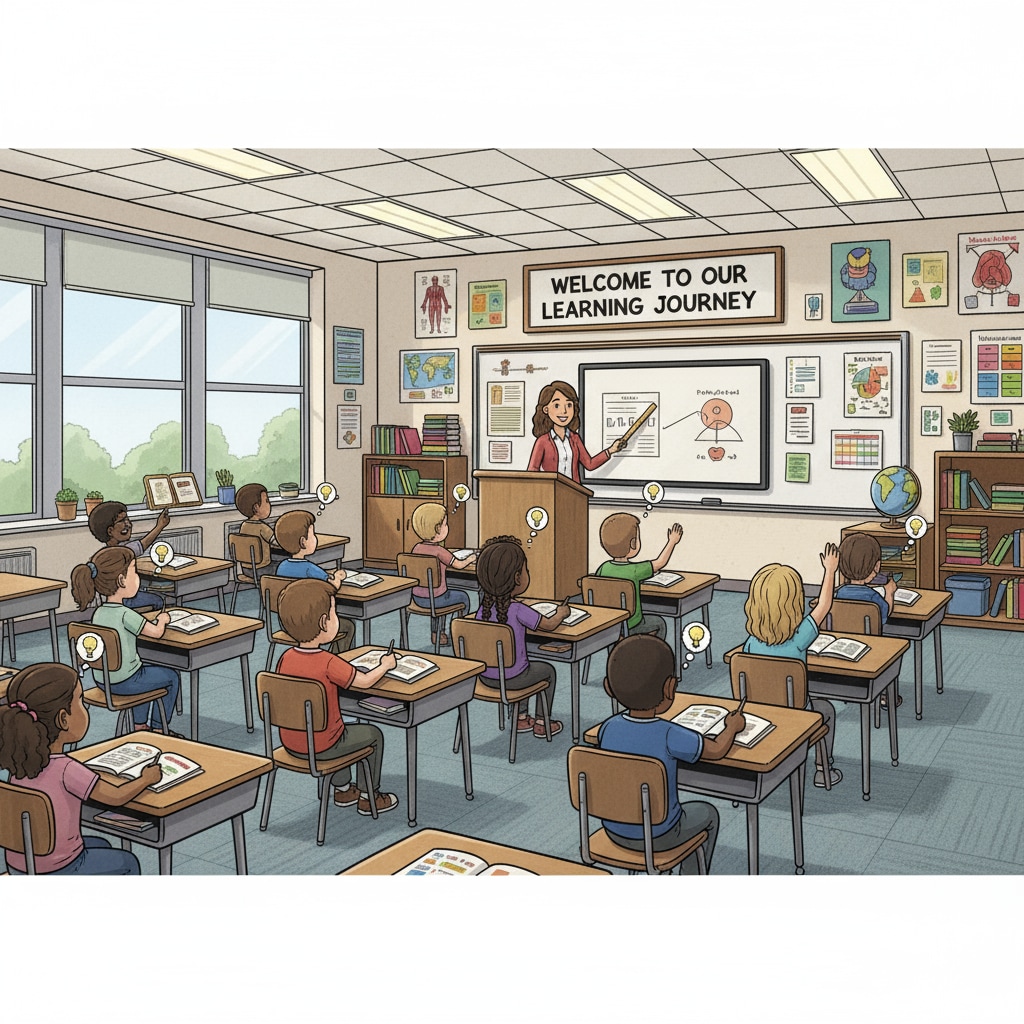 A classroom scene in a US public school, showing students sitting at desks, with a teacher at the front, representing the learning environment in public education. A classroom in a US public school highlighting the learning environment amidst parents' complaints and teachers' dilemmas in public education.