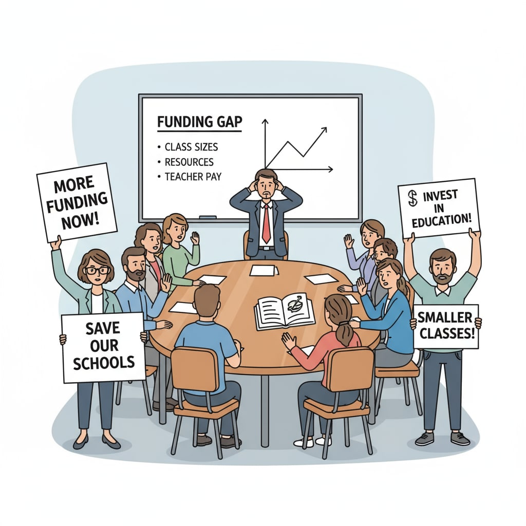 A group of parents gathered in a school meeting room, with some holding signs, expressing their concerns about public education. Parents voicing their concerns about the US public education system, which is related to parents' complaints and teachers' dilemmas.