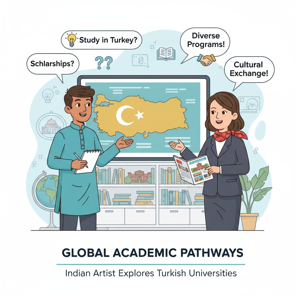 An Indian artist is engaged in a conversation about possible study opportunities in Turkey, showing interest and enthusiasm. Indian artist exploring Turkish study opportunities
