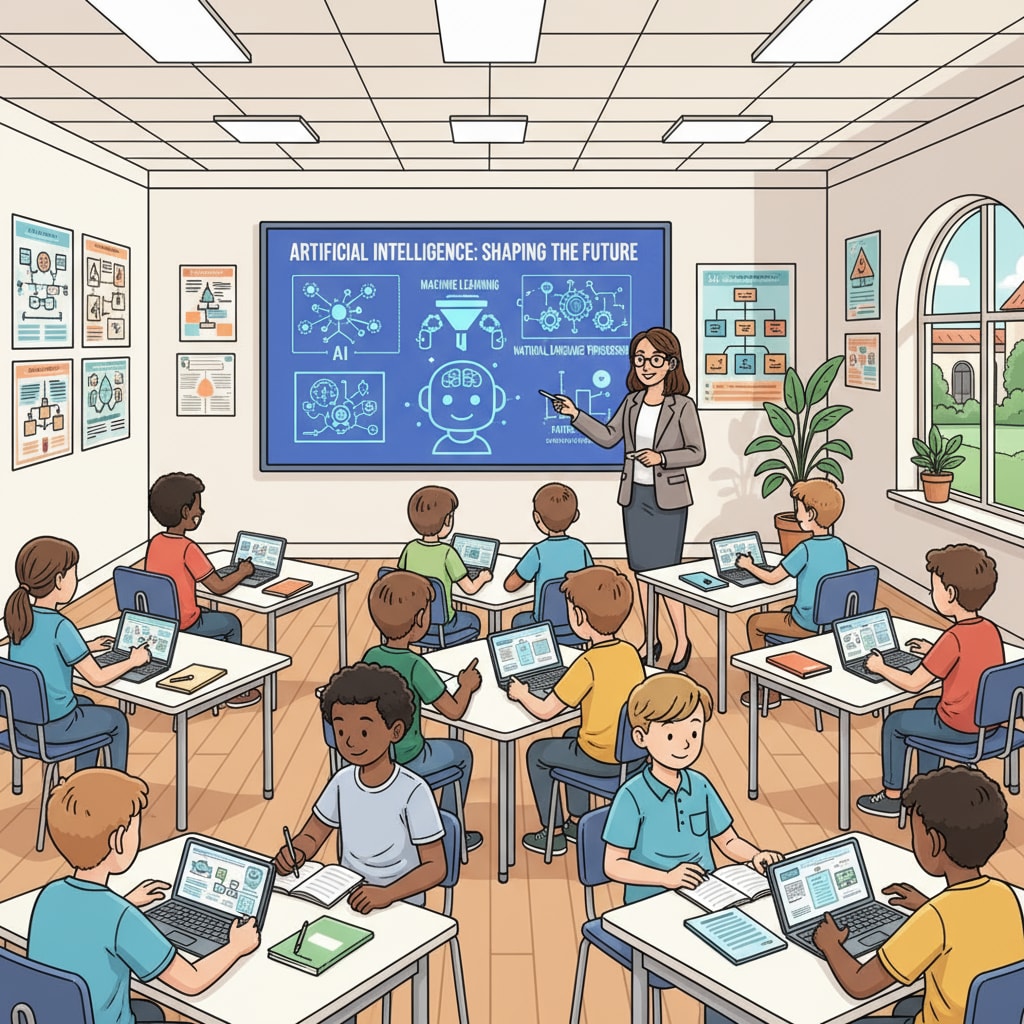 A modern classroom where students are actively engaged in learning about AI, with a projection of AI concepts on the screen. Students learning about AI in a modern classroom