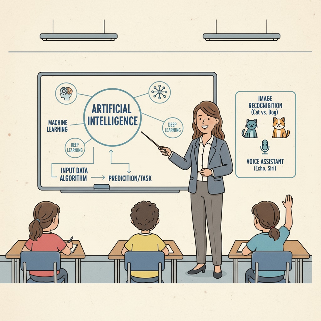 A teacher standing in front of a whiteboard, explaining AI concepts to a group of students, with diagrams and examples on the board. A teacher explaining AI concepts to students