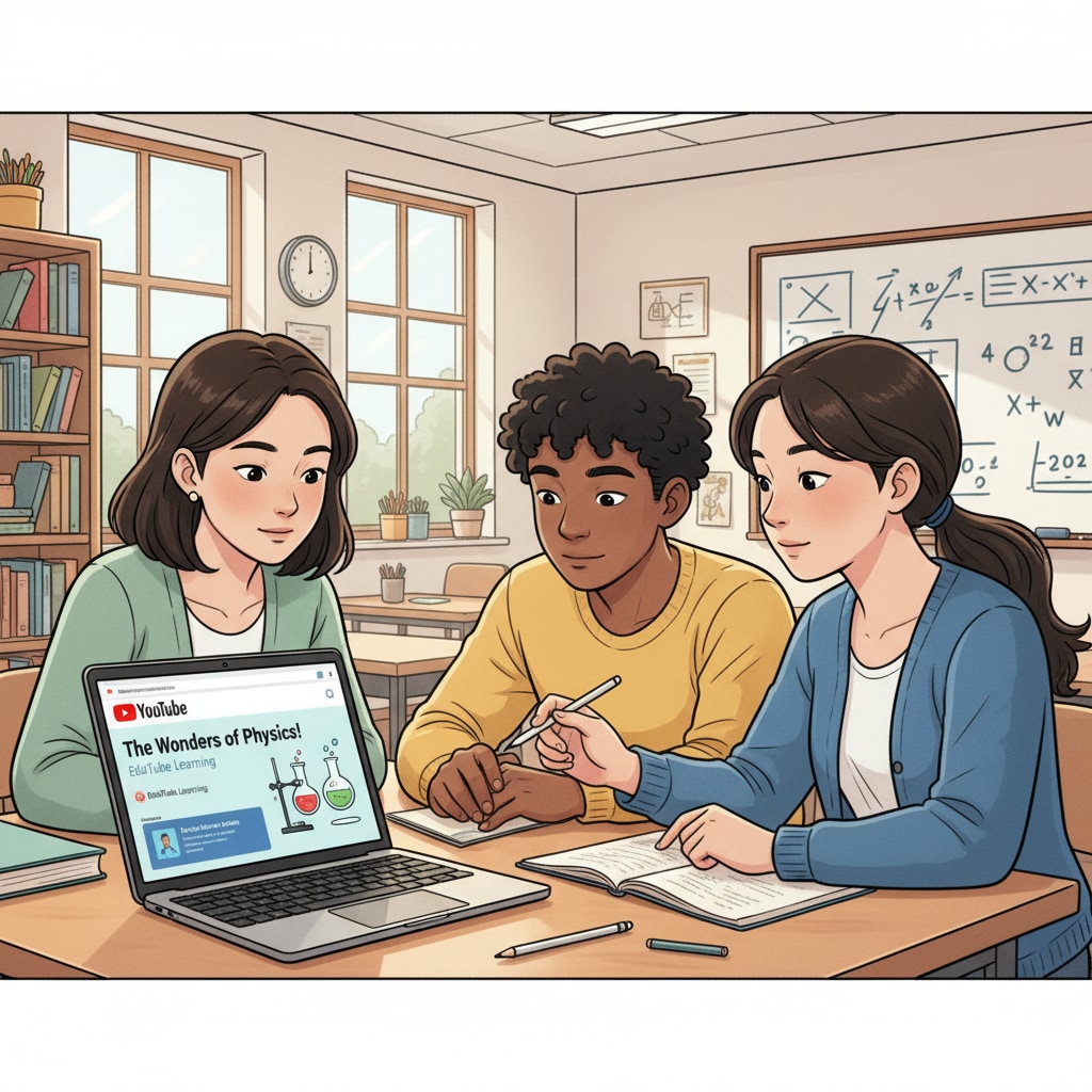 A group of students are sitting around a laptop, watching educational videos on YouTube with keen interest. Students engaged in online learning through YouTube teachers for K12 subject teaching
