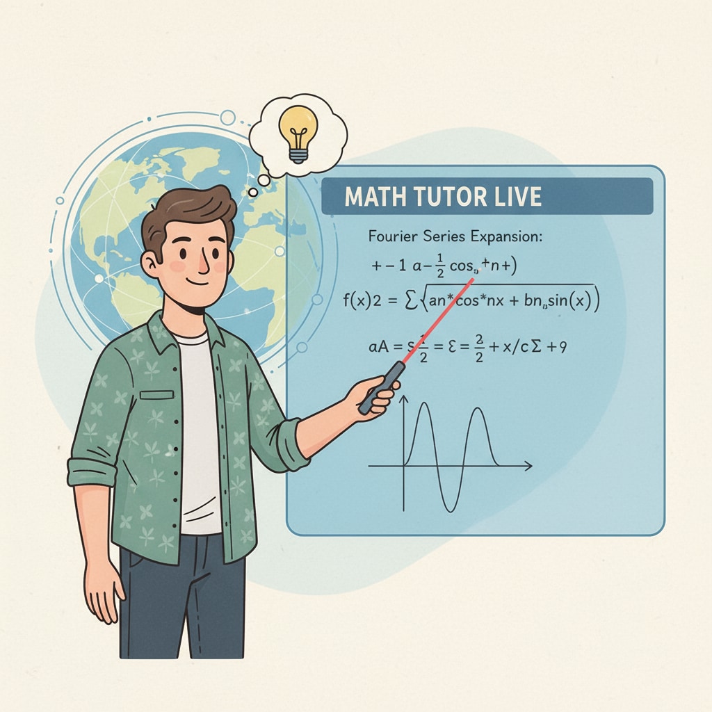 A YouTube teacher is standing in front of a virtual whiteboard, using a pointer to explain a complex math problem. YouTube teacher facilitating math subject teaching for K12 students in an online learning environment