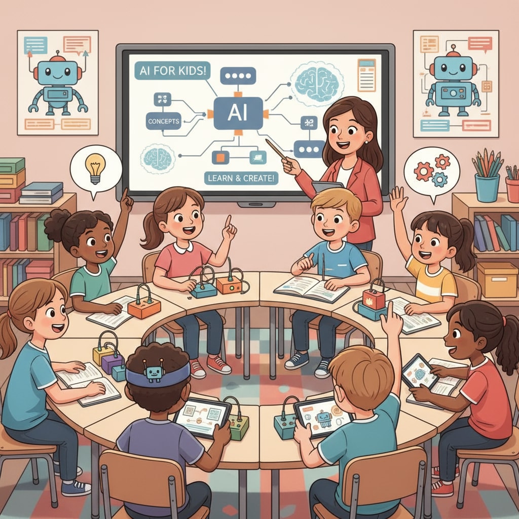 Children attending an AI education class, showing their enthusiasm and engagement in learning AI concepts AI education class for children with enthusiasm and engagement